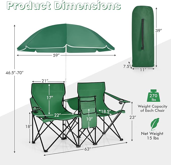 COSTWAY Double Portable Picnic Chairs Folding Camping Chairs w/Detachable Umbrella Cooler Bag Cup Holders Patio Beach Camping Chairs for Outdoors Green