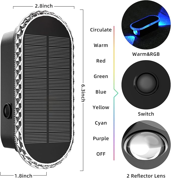 6 Pack Solar Fence Lights Outdoor RGBW Solar Wall Lights 8-Color Waterproof Top and Bottom Lighting Solar Powered for Garden/Pool Cage/Patio/Wall (2 Installation Modes)