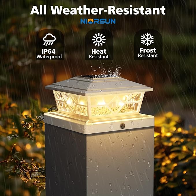 NIORSUN Solar Post Lights Outdoor 4 Pack 2 Modes LED Deck Fence Post Solar Lights for 3.5x3.5 4x4 5x5 5.5x5.5 Caps Patio Garden Decoration White