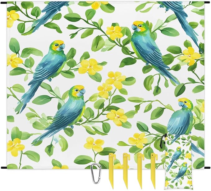 Waterproof Sandproof Beach Blanket 59''×68'' Watercolor Parrot Polyester Outdoor Picnic Blanket with 4 Stakes &amp Storage Bag for BeachCampingVacation White
