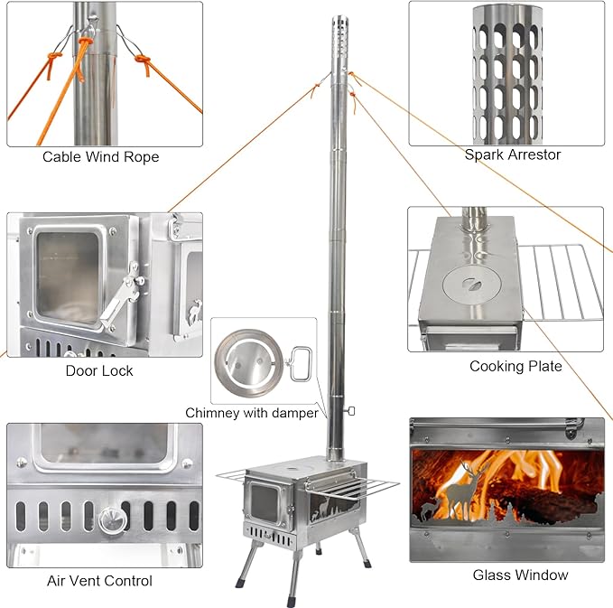 Outdoor Wood Burning Stove Portable with Chimney Pipe for Cooking Camping Tent Hiking Fishing Backpacking