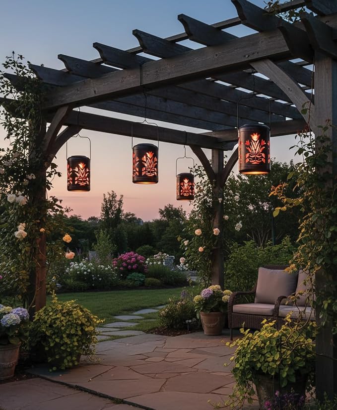 Regal Art &amp Gift Solar Flower Shadow Lantern Outdoor Waterproof Garden Décor Ideal Gift for Women Mom Grandma – Hanging Metal Solar Lights for Yard Patio Backyard Porch Red