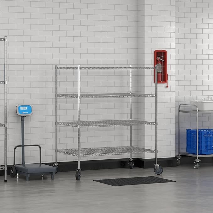 Commercial NSF Listed Chrome Mobile Wire Shelving Kit 30 x 48 x 60 with 4 Shelves Perfect for Warehouse Walk-in Refrigerator Freezer Grocery Store Restaurant Dishroom