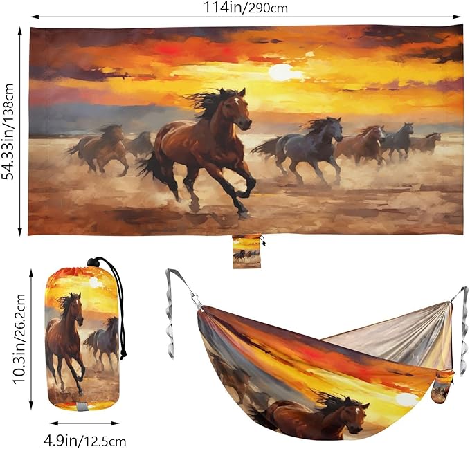 Watercolor Running Horse Camping Hammock 330 lbs with 2 Tree Straps Carry Bag Single Portable Hammock for Outdoor/Indoor Hiking Beach Backpacking Travel