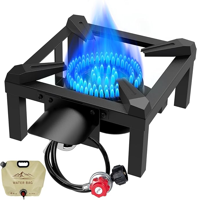 BESTFIRE Propane Burner 100000 BTUs High Pressure Single Propane Stove - Heat Shield and Guard 4.1ft Adjustable Hose with Regulator Gas Stove for Outdoor Cooking Turkey Fry Seafood Boil