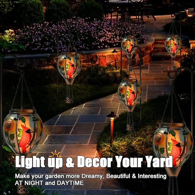Hot Air Balloon Solar Lantern - Large Cardinal Bird Glass Lantern Simulated Flickering &amp Dancing Flame Big Outdoor Hanging Sunflower Yard Light Waterproof IP65 for Patio Lawn Porch Decor Gift