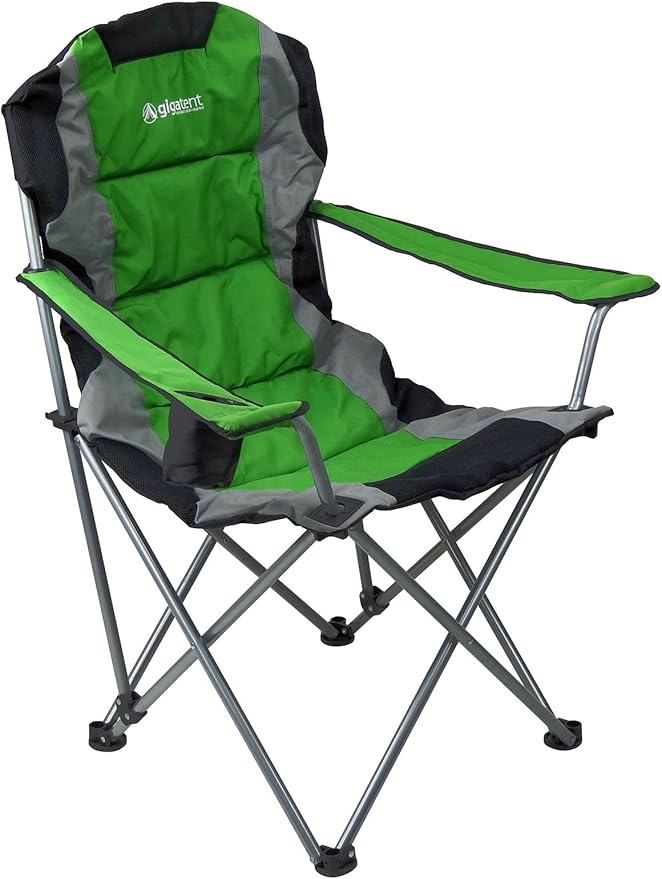 GigaTent Green Folding Camping Chair – Ultra Lightweight Collapsible Quad Padded Lawn Seat with Full Back Arm Rests Cup Holder and Shoulder Strap Carrying Bag – Powder Coated Steel Frame
