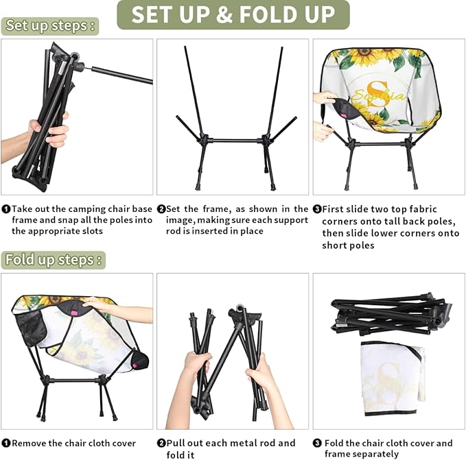 Camping Chair Personalized Backpacking Chair Lightweight Portable Folding Customized Name Chairs for Beach Sport Hiking (Yellow Sunflower)