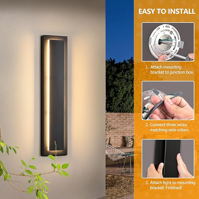 tewei 23.6 Inch Modern Outdoor Wall Sconce Long Black LED Exterior Lighting Fixtures Modern Large Outdoor Front Porch Lights Outside Wall Mount Lights for House Warm White 3000K 2 Pack