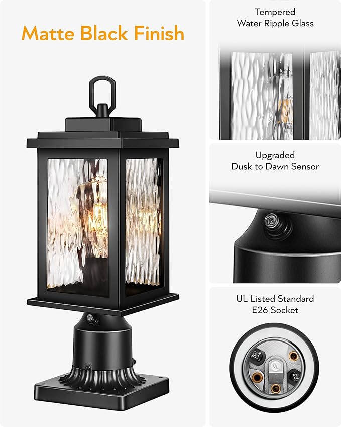 VIANIS Dusk to Dawn Outdoor Post Light Fixture with Pier Mount Base 2 Pack Waterproof Lamp Posts Outdoor Lighting Anti-Rust Aluminum Black Post Lantern Outdoor with Tempered Glass (Hardwired 120V)