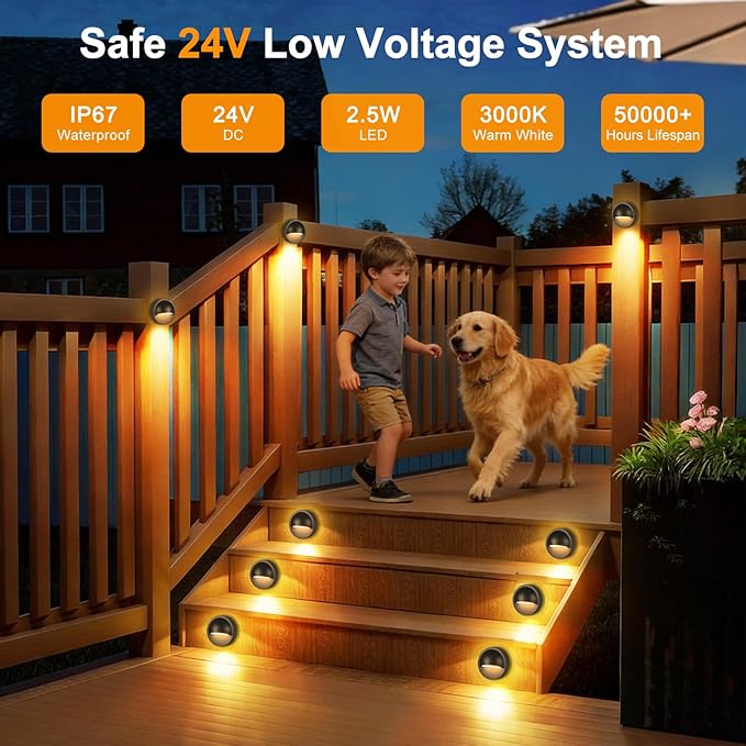 Low Voltage LED Deck Lights Kit with Transformer Dusk-to-Dawn Outdoor Step Lights Waterproof IP67 Warm White Dimmable Surface-Mount Landscape Lighting for Stairs Deck Patio Railing (4 Pack)