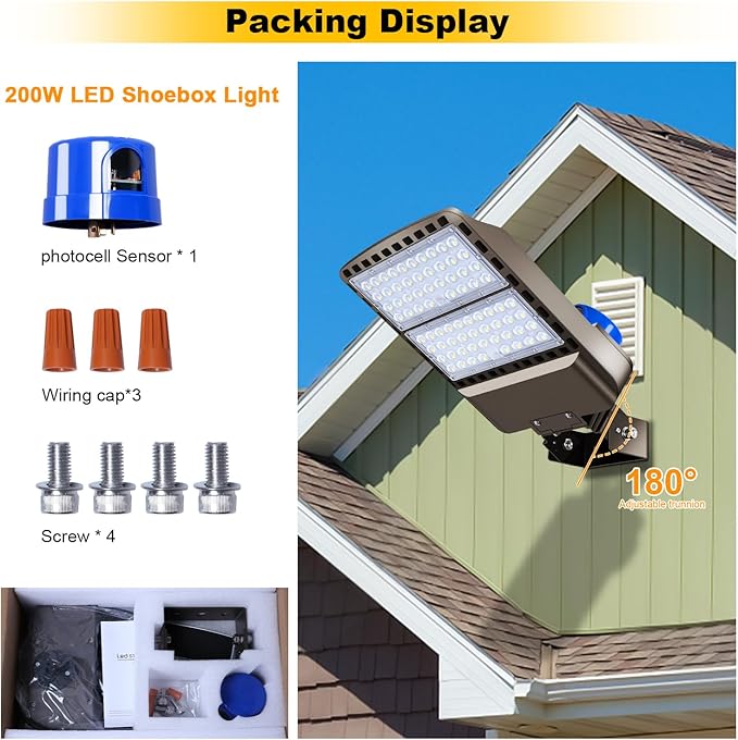 200W LED Parking Lot Light 28000LM Bright Dusk to Dawn FloodLights Outdoor with Trunnion Wall Yoke Mount 5500K Commercial 85-277V IP65 Waterproof Shoebox Barn Lighting for YardGarage