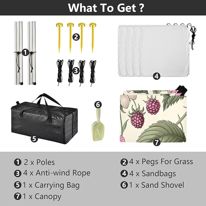 Wild Raspberries Pattern Beach Tent Sun Shelter 9.2' x 10.5' Beach Canopy with 4 Sandbags 4 Stability Poles Sand Shovels - Tent Canopy for Beach Camping Fishing Picnics