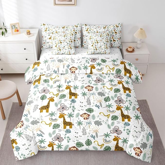 Cute Giraffe Monkey Comforter Set with SheetsPillowcases &amp Cushion Cover Zoo Animal 7 Piece Bedding Set for Kids Boys Girls Teens Room Decor Cartoon Animal Bed in a Bag Full Size Wildlife Microfi