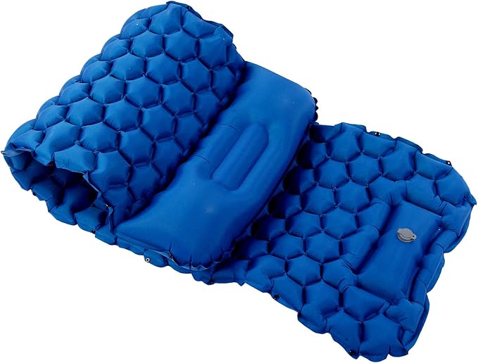Inflatable Sleeping Pad for Camping | 40D Nylon &amp TPU Laminate Mat | Foot Press Inflation Cushion for Tent/Hiking/Travel | 3D Support 2 - Way Valve 700g Lightweight (Blue)