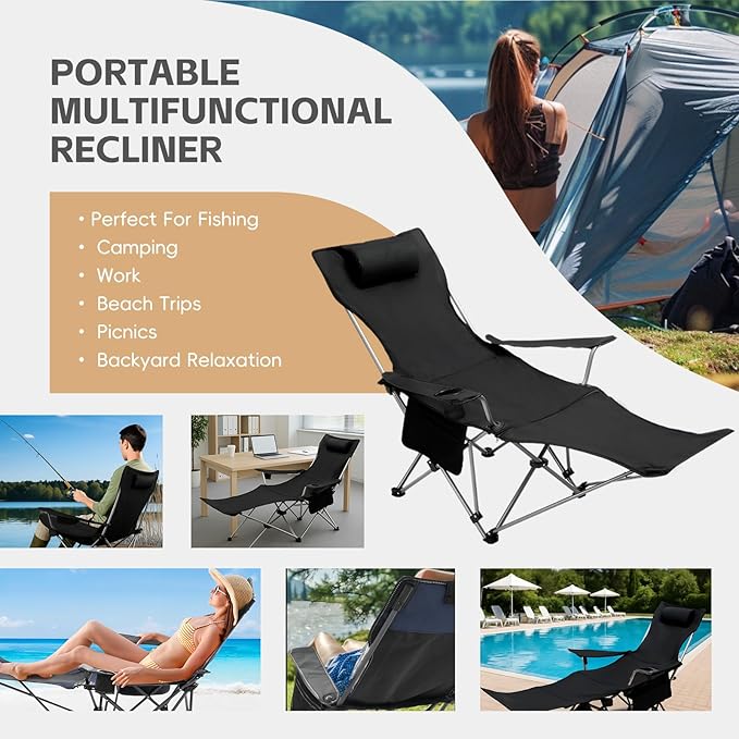 Reclining Camping Chair with Removable Footrest Adjustable Camping Lounge Beach Chair with Padded Headrest Cup Holder &amp Carry Bag Camp Chair with Foot Rest Lawn Chairs for Camp FishingOffice