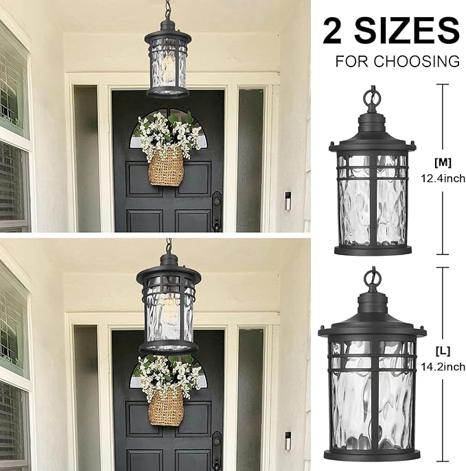Darkaway Large Outdoor Pendant Lights for Porch 15inch Outdoor Chandelier Hanging Porch Lights Outside Ceiling Mount Aluminum with Water Ripple Glass for Front Porch Gazebo Patio