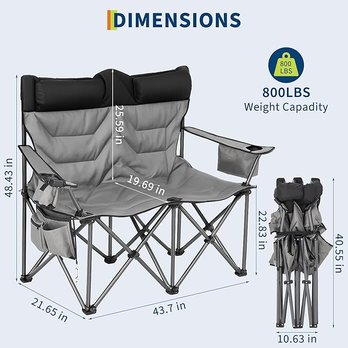 Heavy Duty Oversized Camping Chair for 2 Person Padded Loveseat Chair with High Back Support &amp Headrest 700 LBS Support for Adult Outdoor Folding Chair for Beach Fishing Backyard