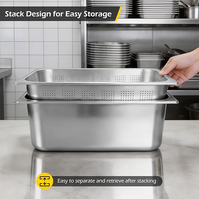 Dyna-Living 3 Pack Full Size 6 Inch 8 Inch Hotel Pan Perforated Steam Table Pans with Lid Stainless Steel Chafing Dish Pans Commercial Food Pan for Catering Buffet Hotel Home Restaurant Supplies