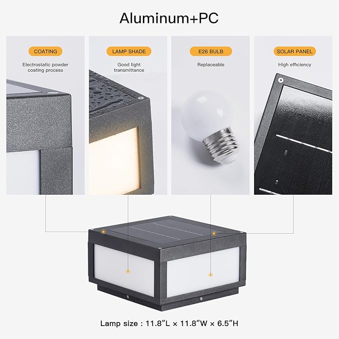 Large Solar Post Lights Outdoor Square Solar Pillar Lights 12x12 Solar Power Column Light Waterproof Modern Post Lamps Outdoor Dusk to Dawn Lantern Column Lamp for Driveway Entrance Pillars