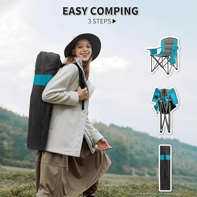 Oversized Padded Camping Chairs for AdultsHeavy Duty Support 400 LbsFolding Portable Lawn Chair w/Cup HolderCooler BagSide PocketPerfect for Outdoor PicnicHiking(Blue)