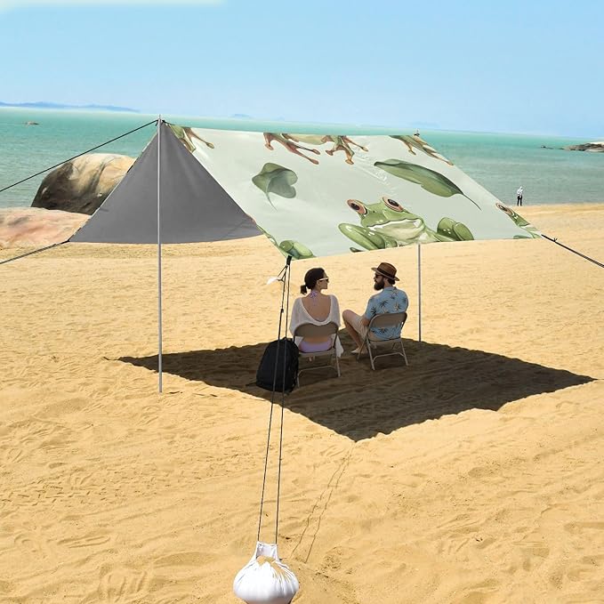 Cute Frog Pattern Beach Tent Sun Shelter 9.2' x 10.5' Beach Canopy with 4 Sandbags 4 Stability Poles Sand Shovels - Tent Canopy for Beach Camping Fishing Picnics