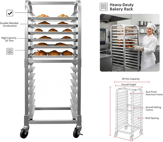 20 Tier Aluminum Bun Pan Rack - 20 W x 26 D x 70 Lockable Wheels Mobile Cooling Trolley - for Kitchen &amp Bakery