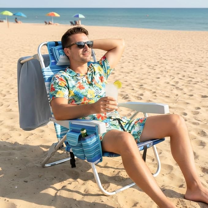 Folding Backpack Beach Chair for Adults 5-Position Aluminum Lightweight Reclining Beach Chair Low Sands Compact Chairs with Cup Holder and Padded Headrest for Lawn Patio PoolsideSupports 300lbs