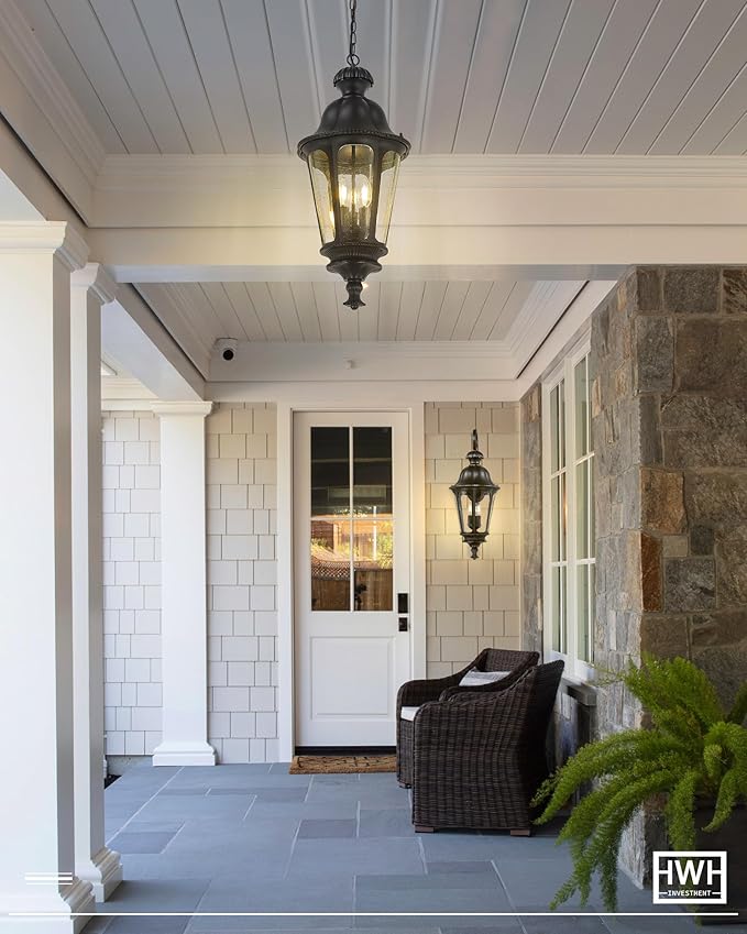 Outdoor Pendant Lights for Porch HWH 26'' Large Exterior Hanging Light Fixtures with Seeded Glass Outdoor Hanging Chandelier for Porch Patio Gazebo Hallway Matte Black Finish 5HW90H-L BK