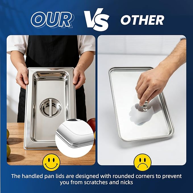 1/3 Size Slotted Steam Table Pan Cover with Handle 6-Pack Hotel Pan LidsAnti-Jam Food Pan Cover Catering Food Cover for Stainless Steel Metal Tray Set