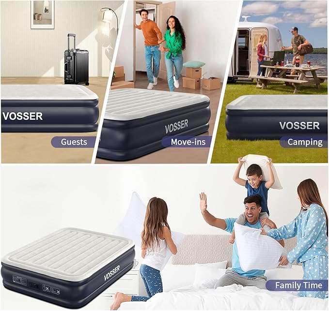Air Mattress Queen with Built in Pump18'' Inflatable Mattress of Vertical BeamsSelf Inflatable/Deflation Blow Up Mattress in 3 MinsFlocked Top Airbed with Carry Bag for Home Camping