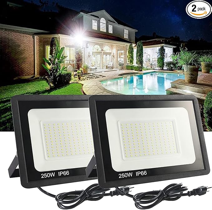 2Pack LED Flood Light Outdoor250W LED Work Light 25500lmwith 6FT US PlugIP66 Waterproof Exterior Security Lights6000K Daylight White Outside Floodlights Slim Design for Playground Yard