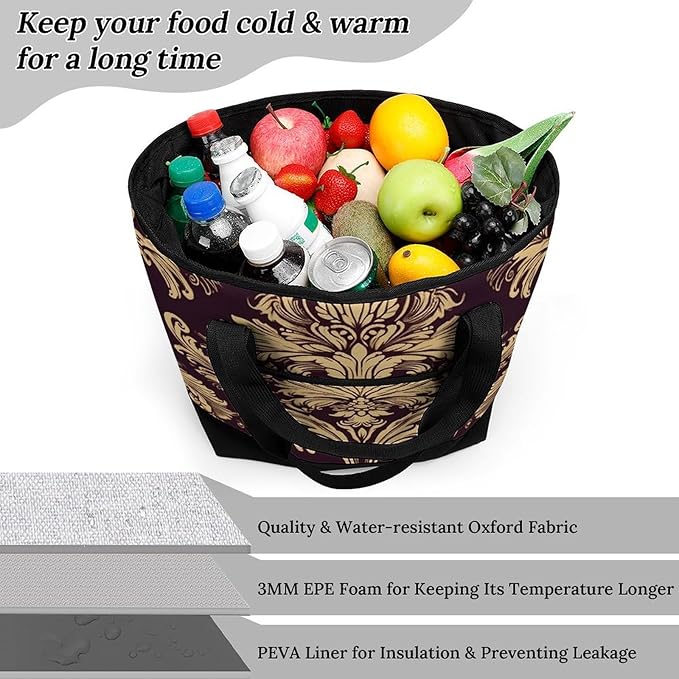 Insulated Shopping BagLarge Reusable Cooler Bags Damask Pattern Printed Foldable Shopping BagTravel Waterproof Shoulder Bag
