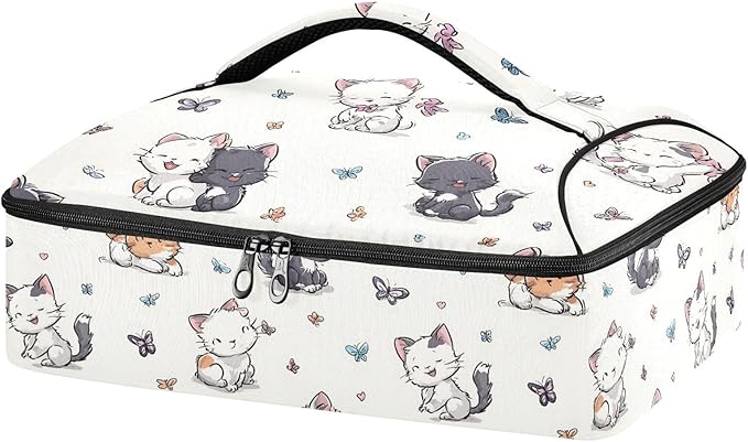 Casserole Carrier Pattern Cartoon Cats PlayingInsulated Casserole Carrier for Hot or Cold Food Thermal Lunch Tote for Potluck Parties Picnic Beach Fits 9 x 13 Inches Baking Dish