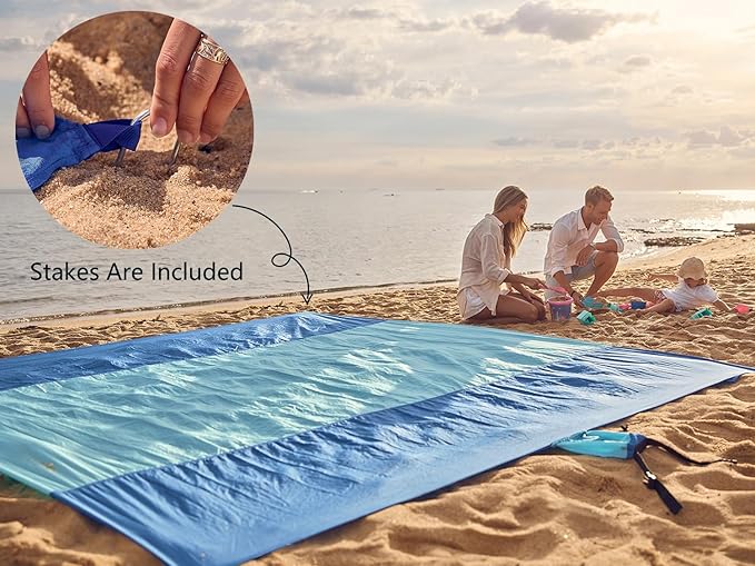 WEKAPO Beach Blanket Sandproof Waterproof Extra Large Beach Mat Oversized &amp Compact Sand Free Quick Drying Beach Essentials for Vacation Cruise Picnic &amp Camping with Stakes