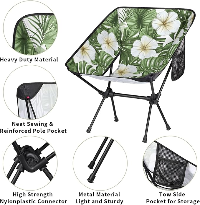 Honeybaby Folding Camping Chair Tropical Leaf Flower Camping Chairs Lightweight Portable Chair Outdoor Foldable Chairs for Camping Travel Picnic Beach Hiking