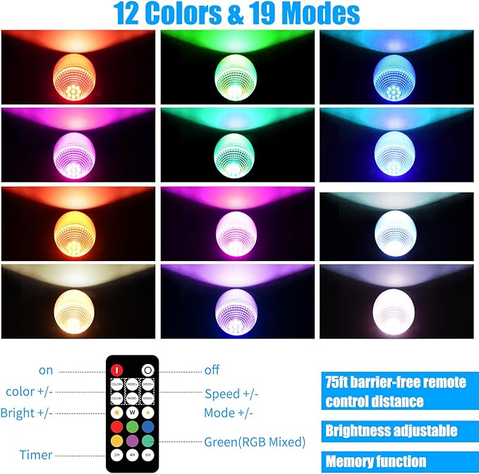 20W Outdoor RGB LED Spotlights 4 Pack 120V 1000lm with Remote &amp Transformer 12 Colors 19 Modes IP65 Waterproof 46.5ft Cord Landscape Lights for Yard Garden Christmas Halloween