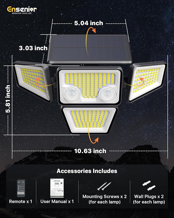 Ensenior Solar Lights Outdoor 2600LM Motion Sensor Outdoor Light with Remote Control IP65 Waterproof 279 LED 4 Heads Solar Security Light with 4 Mode 270° Wide Angle Solar Flood Light 2 Packs