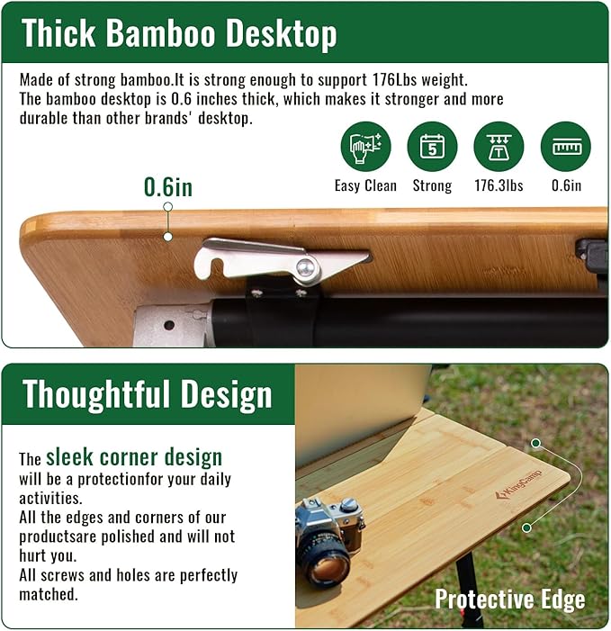 KingCamp Bamboo Folding Table 4-Fold Camping Adjustable Height Portable Outdoor Lightweight &amp Compact Table with Aluminum Frame for RV Picnic BBQ Tailgating