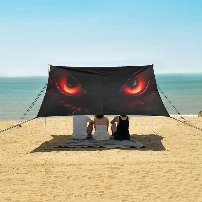 Dark Monster Eyes Beach Tent Sun Shelter 9.2' x 10.5' Beach Canopy with 4 Sandbags 4 Stability Poles Sand Shovels - Tent Canopy for Beach Camping Fishing Picnics