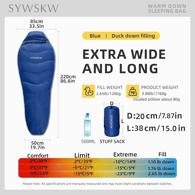 Down Sleeping Bag with Pillow for Backpacking15℉ 5℉ 0℉ Wide Down Sleeping Bag (86.6 in x 33.5 in) for AdultsYouth Camping and Hiking Outdoor with 680FP Duck Down