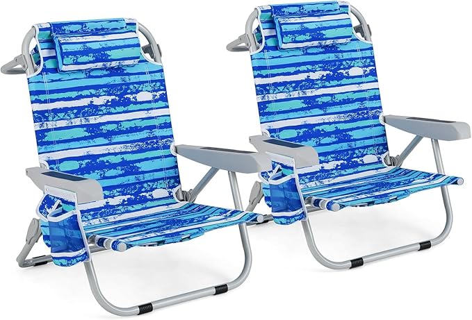 COSTWAY Backpack Beach Chair Foldable Camping Chair with 5 Adjustable Position Cup Holder Storage Pockets Straps Towel Rack Pillow for Patio Outdoor (Blue Stripe2)