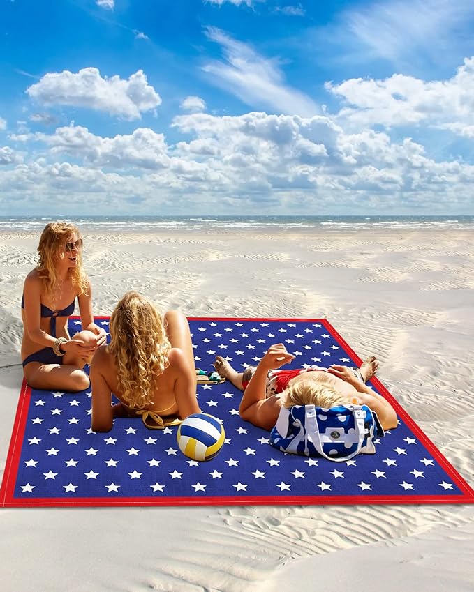 Beach Blanket Waterproof Sandproof Independence Day July 4th Extra Large 83X79 Picnic Blanket Beach Mat Lightweight Durable Camping Blanket with 4 Stakes for Beach Travel Patriotic American Flag