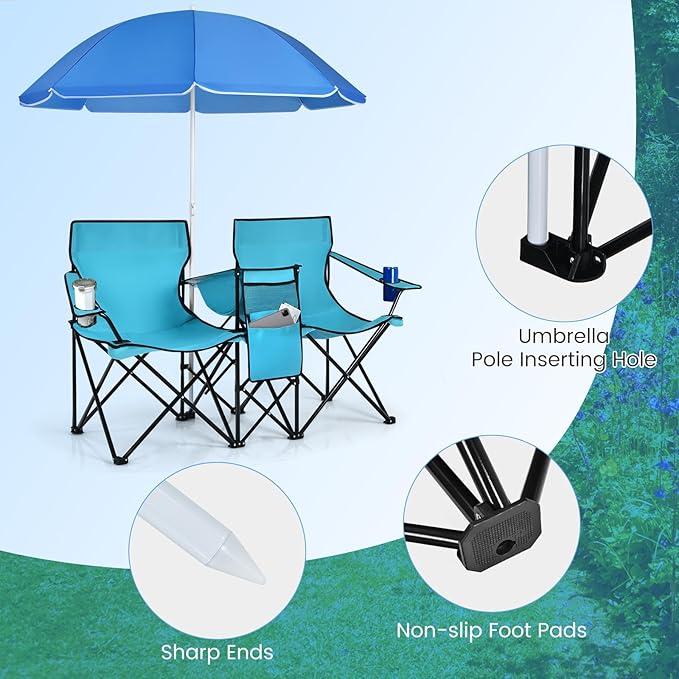 KOTEK Double Camping Chair Folding Camp Chair with Removable Umbrella Cup Holders Cooler Bag Side Pocket &amp Carry Bag 2-Person Beach Chair for Outdoor Sports Concerts Travel Picnic (Turquo