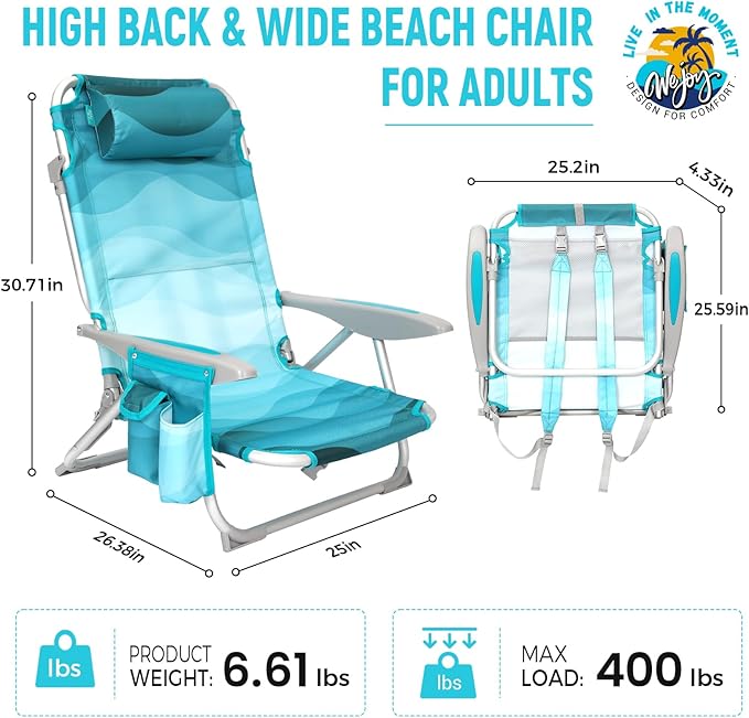 #WEJOY Beach Chair for Adults Reclining Adjustable Position Lay Flat Lightweight Folding Portable Aluminum Chair with Backpack StrapsPadded headrest Heavy Duty 400 lbs Lawn Chair for Beach Sand