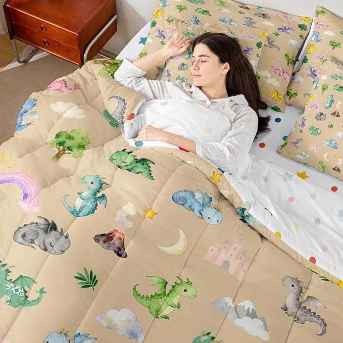 Baby Dragon 7 Piece Bedding Set King Size Animal Comforter Set with SheetsPillowcases &amp Cushion Cover for Boys Girls Bedroom Decor Cartoon Wildlife Bed in a Bag Microfiber Women Men Brown Beige