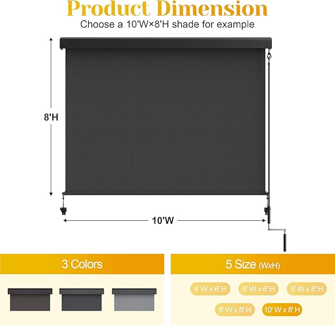 Outdoor Roller Shade with Aluminum Valance (10'W X 8'H) 420GSM New Material Patio Shade with 95% UV Blockout Outdoor Blinds with Crank Handle for Shading Privacy Protection Black