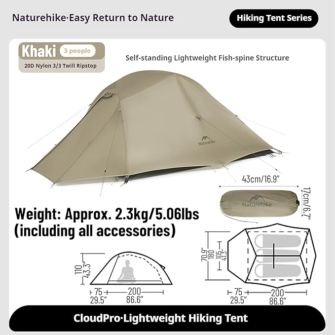 Naturehike Cloud up Pro Camping Tent 1/2/3 Person Ultralight Tents 3 Season Backpacking Tent Waterproof for One Man Self-Standing Easy Setup for Cycling Outdoor Camp