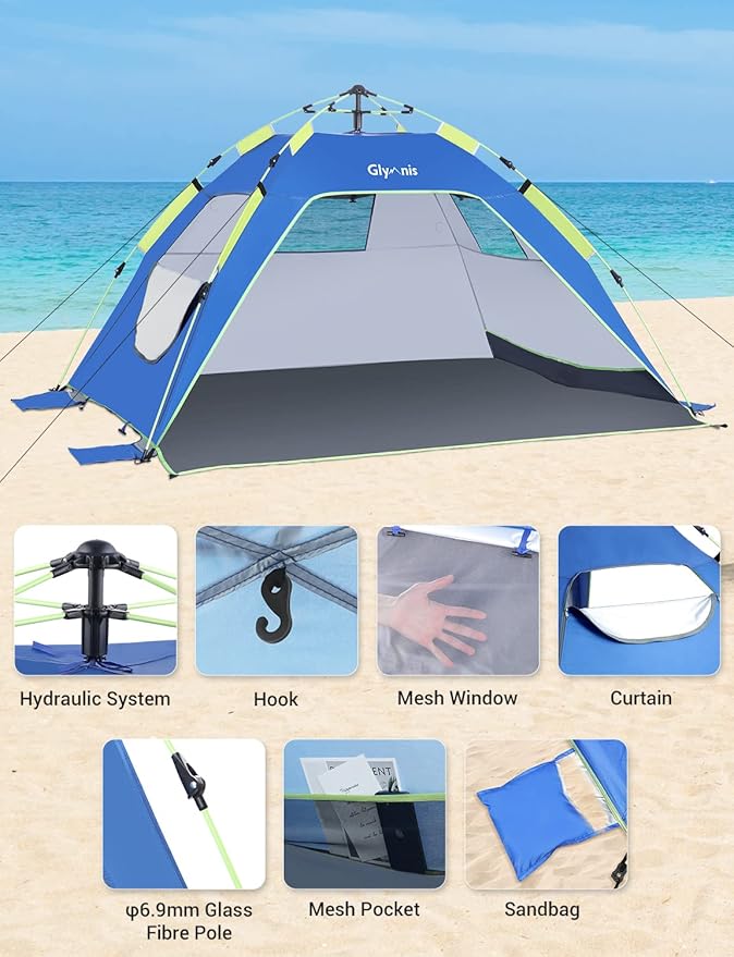 Glymnis Pop Up Beach Tent Sun Shade Shelter for 3-4 Person with UPF 50+ Lightweight &amp Easy Setup Vent Windows &amp Zippered Door Extended Floor Family Instant Beach Tent