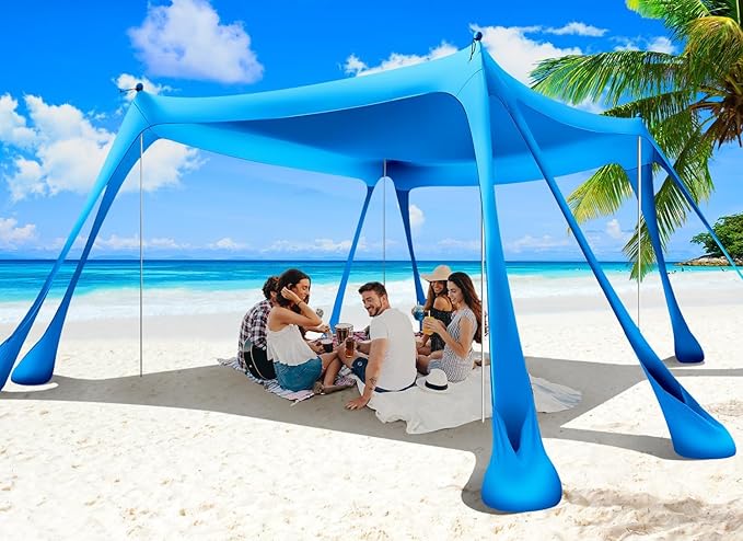 Beach Tent Sun Shelter 10x10ft Beach Canopy Easy Pop Up Sun Shade Portable UPF50+ with 8 Sandbags-2 Sand Shovel-4 Aluminum Poles-Ground Pegs for Outdoor Family Camping Fishing Backyard Picnic